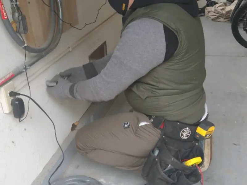 Electrician performing outlet wiring in a Pittstown garage